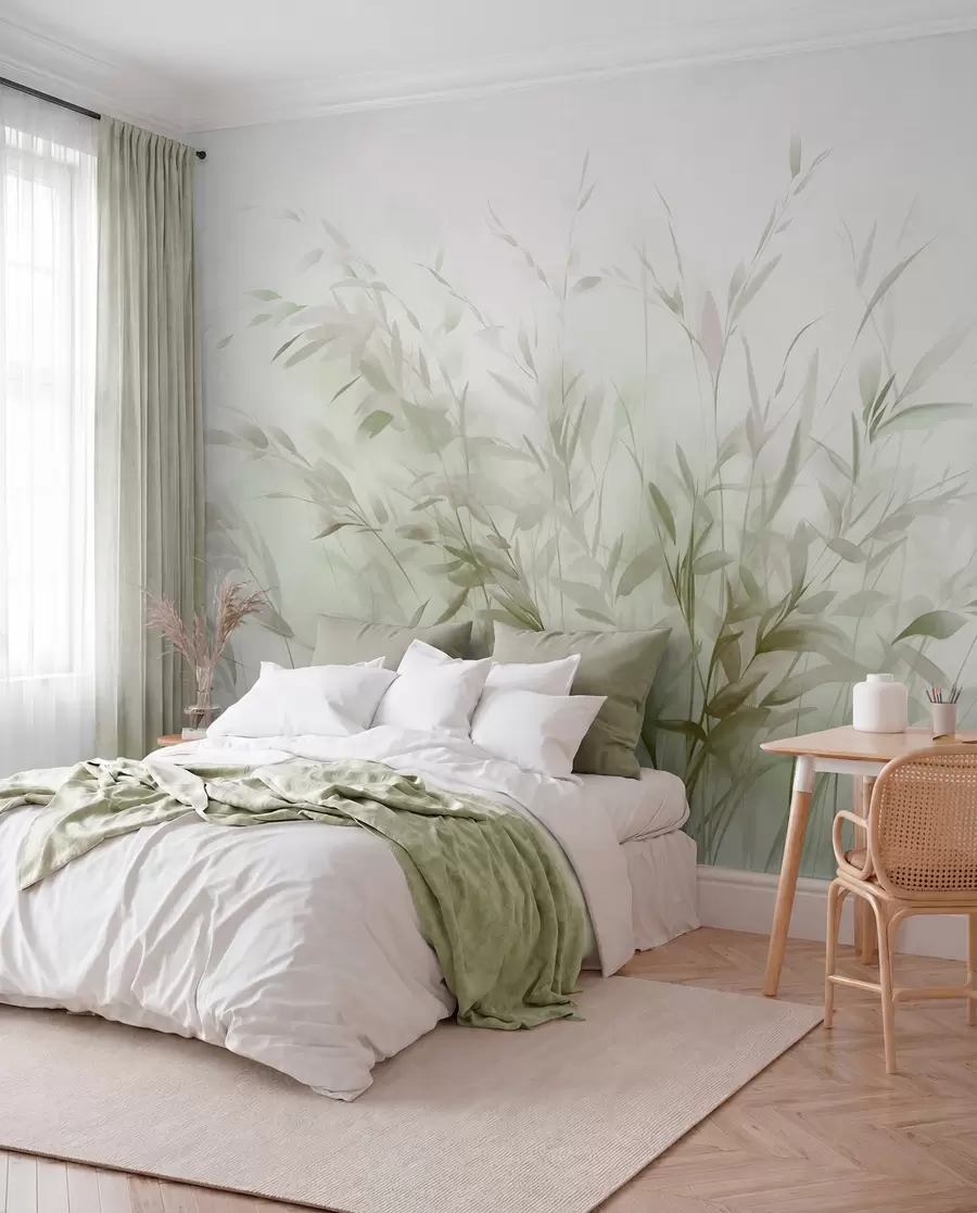 wall murals Трава и коров са танким листовима и стабљикама, светло зелене и смеђе боје, меки и нежни потези четкицом, минималистички отисак w09342