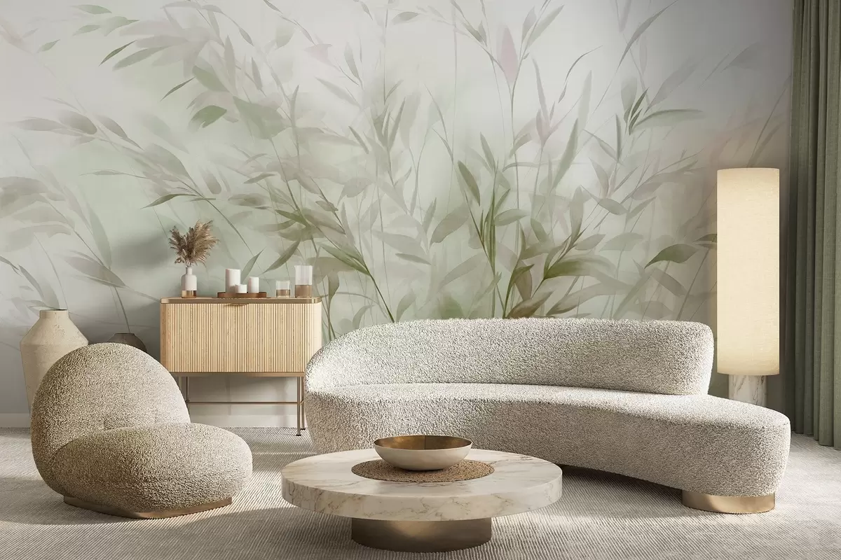 wall murals Трава и коров са танким листовима и стабљикама, светло зелене и смеђе боје, меки и нежни потези четкицом, минималистички отисак w09342