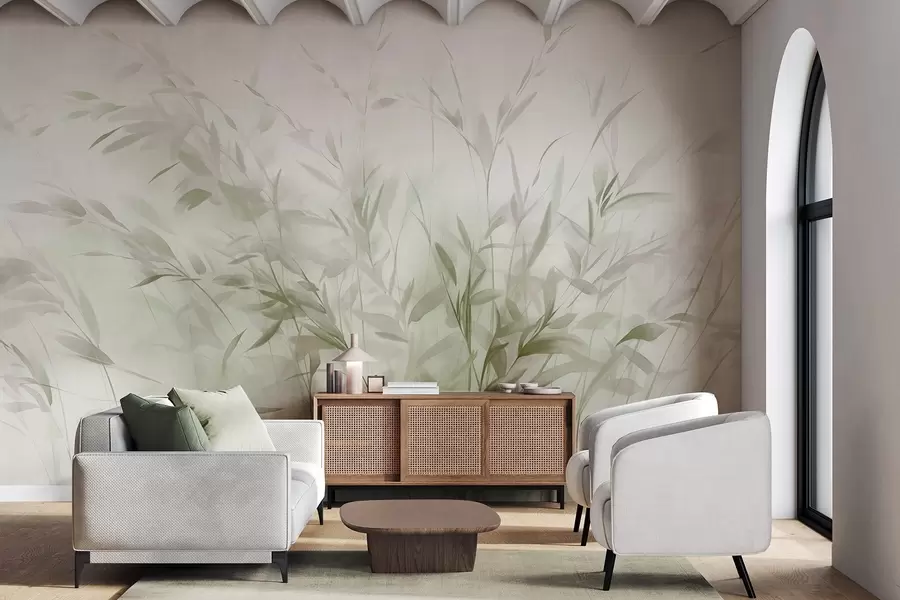 wall murals Трава и коров са танким листовима и стабљикама, светло зелене и смеђе боје, меки и нежни потези четкицом, минималистички отисак w09342