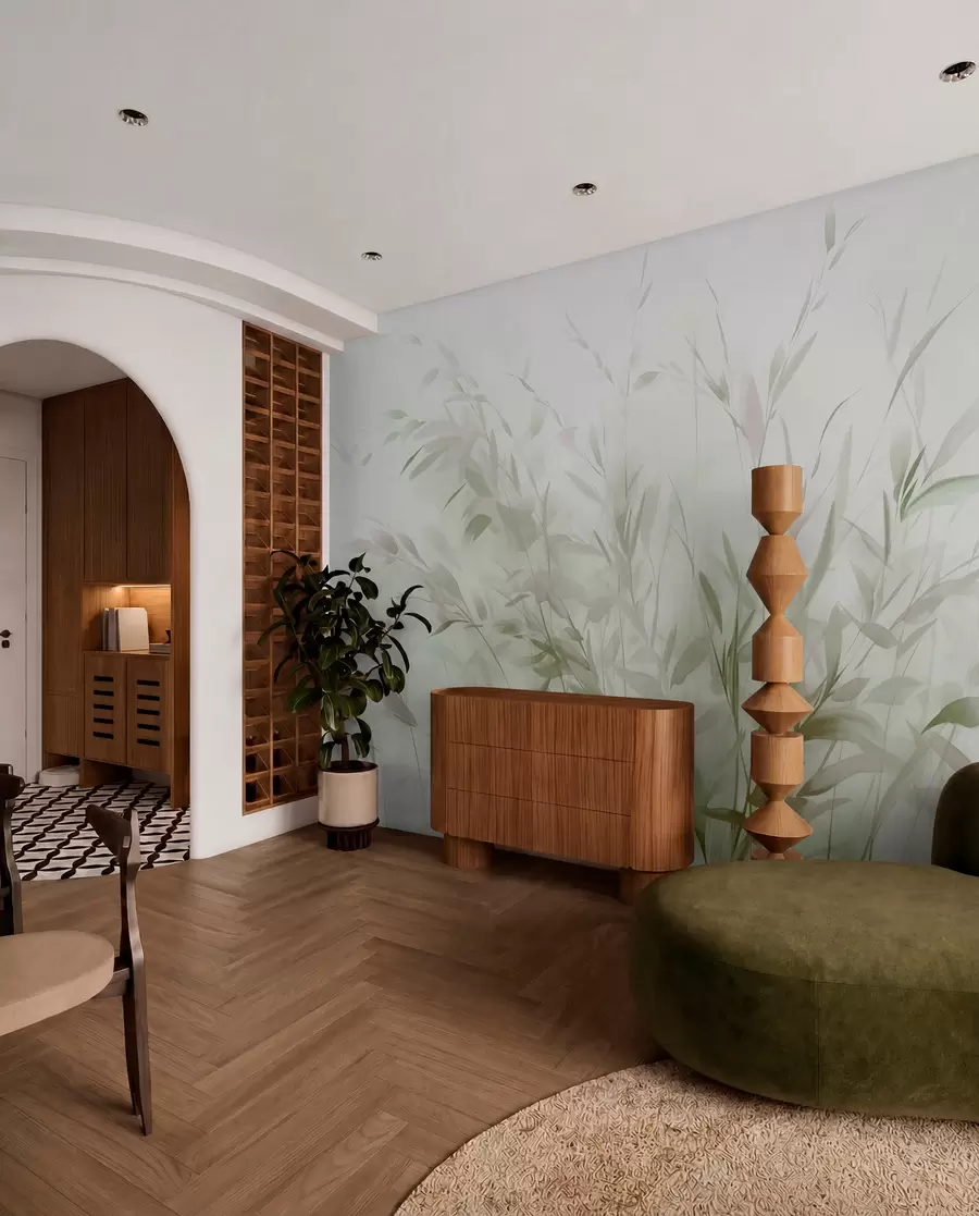 wall murals Трава и коров са танким листовима и стабљикама, светло зелене и смеђе боје, меки и нежни потези четкицом, минималистички отисак w09342