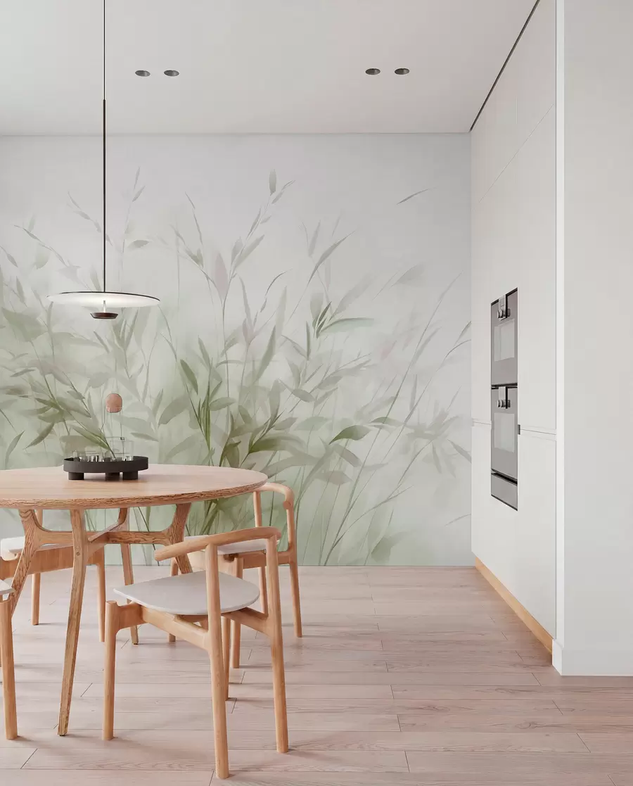 wall murals Трава и коров са танким листовима и стабљикама, светло зелене и смеђе боје, меки и нежни потези четкицом, минималистички отисак w09342