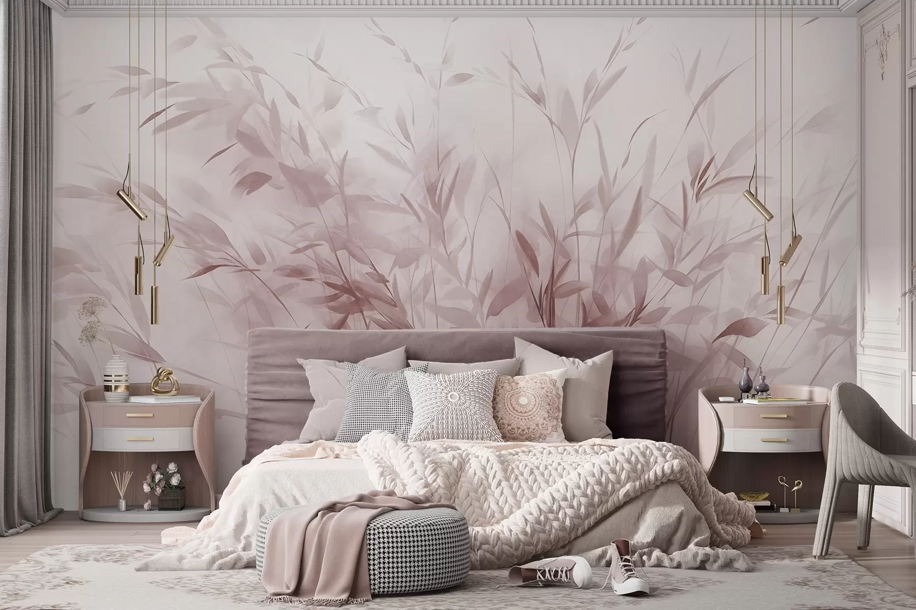 wall murals Трава и коров са танким листовима и стабљикама, светло ружичасте боје, меки и нежни потези четкицом, минималистички отисак w09342v2