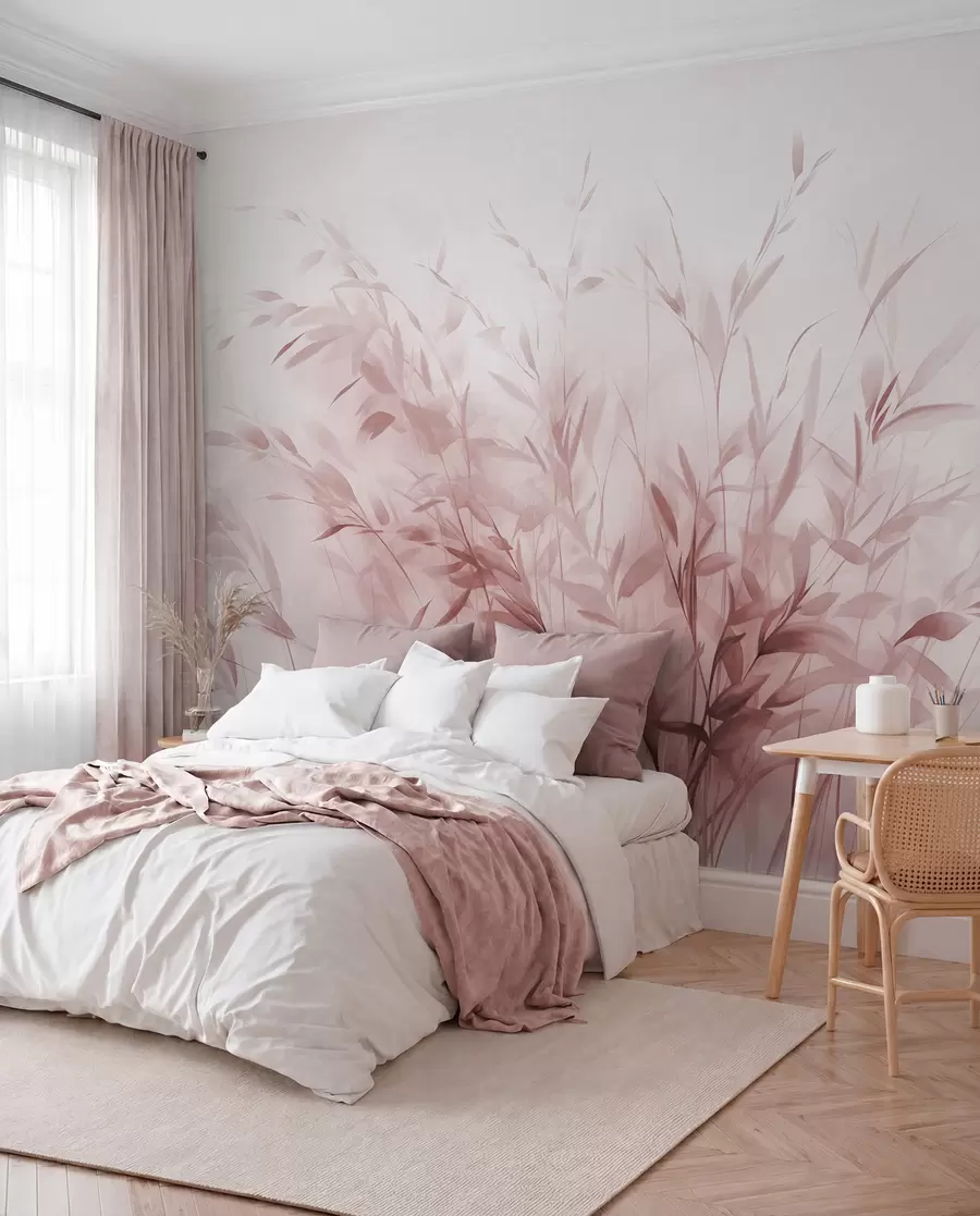 wall murals Трава и коров са танким листовима и стабљикама, светло ружичасте боје, меки и нежни потези четкицом, минималистички отисак w09342v2