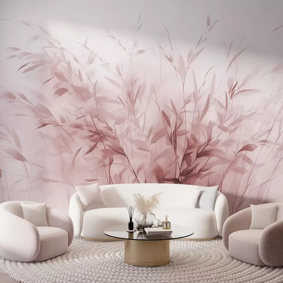 wall murals Трава и коров са танким листовима и стабљикама, светло ружичасте боје, меки и нежни потези четкицом, минималистички отисак w09342v2