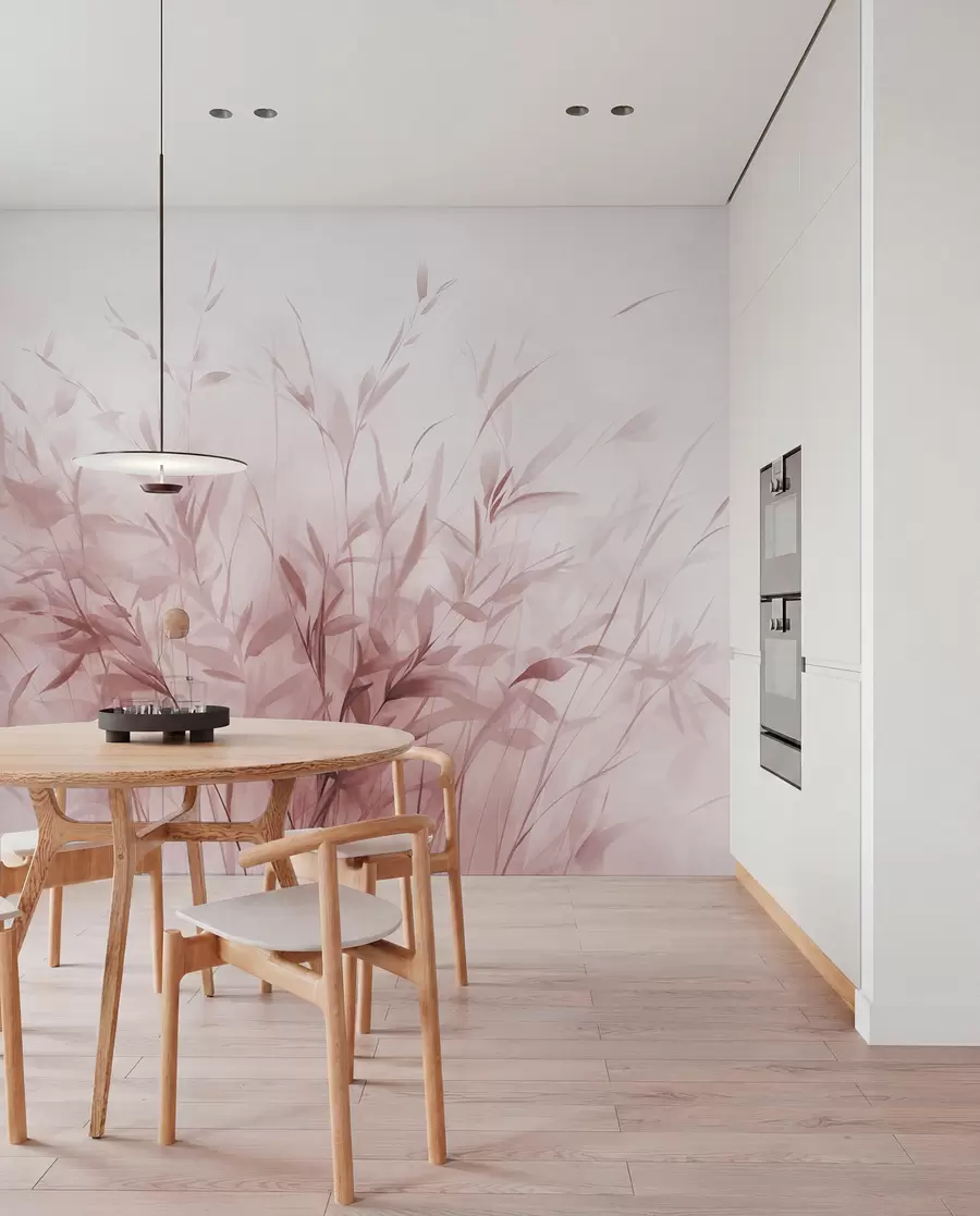 wall murals Трава и коров са танким листовима и стабљикама, светло ружичасте боје, меки и нежни потези четкицом, минималистички отисак w09342v2