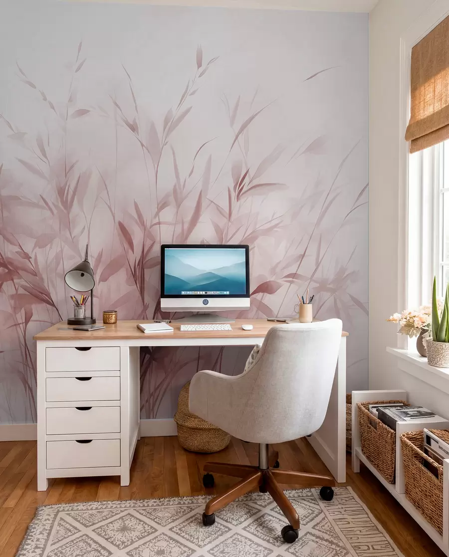 wall murals Трава и коров са танким листовима и стабљикама, светло ружичасте боје, меки и нежни потези четкицом, минималистички отисак w09342v2