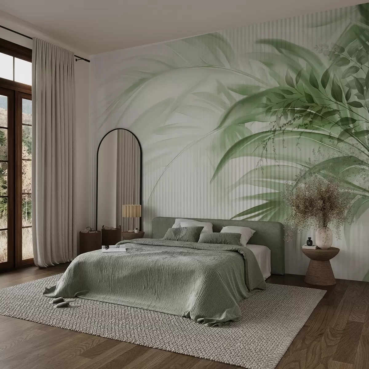 wall murals Палмино тропско зелено лишће са белом пругастом позадином, меко осветљење, нежни потези четкицом, органски облици w09343