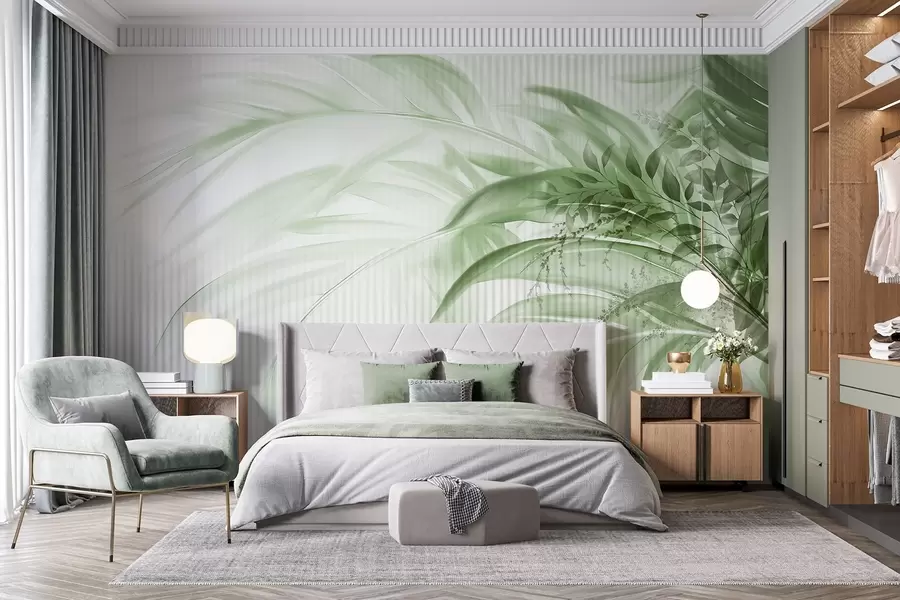 wall murals Палмино тропско зелено лишће са белом пругастом позадином, меко осветљење, нежни потези четкицом, органски облици w09343