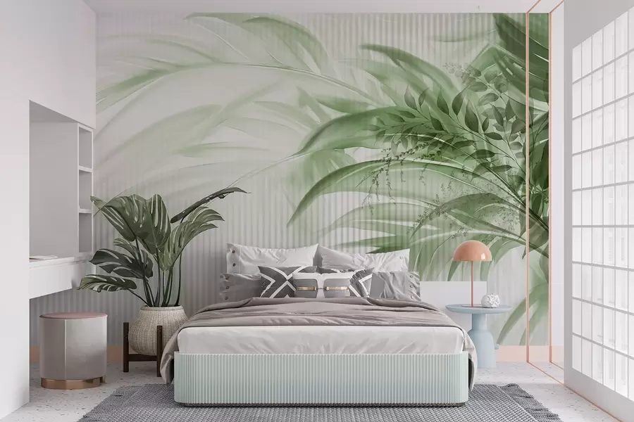 wall murals Палмино тропско зелено лишће са белом пругастом позадином, меко осветљење, нежни потези четкицом, органски облици w09343