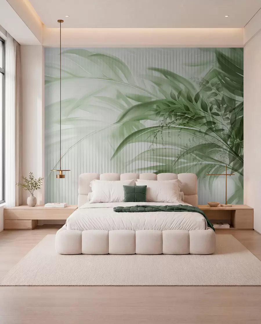 wall murals Палмино тропско зелено лишће са белом пругастом позадином, меко осветљење, нежни потези четкицом, органски облици w09343