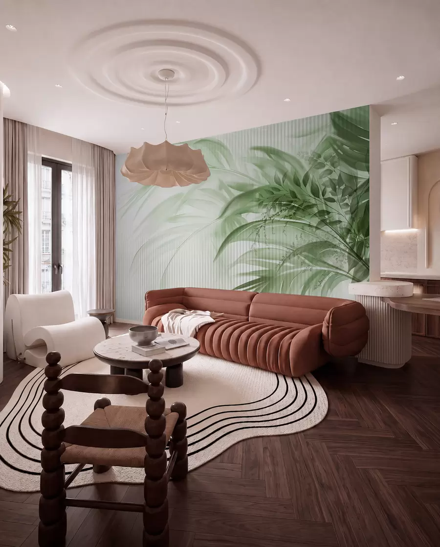 wall murals Палмино тропско зелено лишће са белом пругастом позадином, меко осветљење, нежни потези четкицом, органски облици w09343