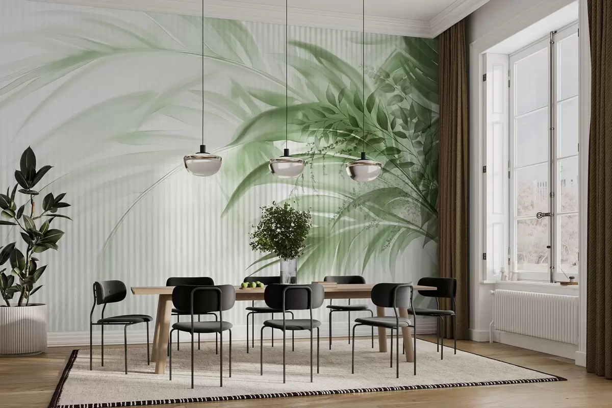 wall murals Палмино тропско зелено лишће са белом пругастом позадином, меко осветљење, нежни потези четкицом, органски облици w09343