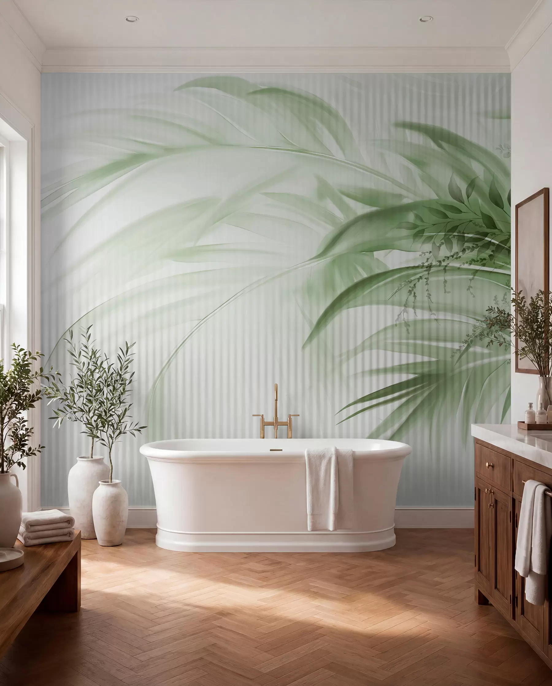wall murals Палмино тропско зелено лишће са белом пругастом позадином, меко осветљење, нежни потези четкицом, органски облици w09343