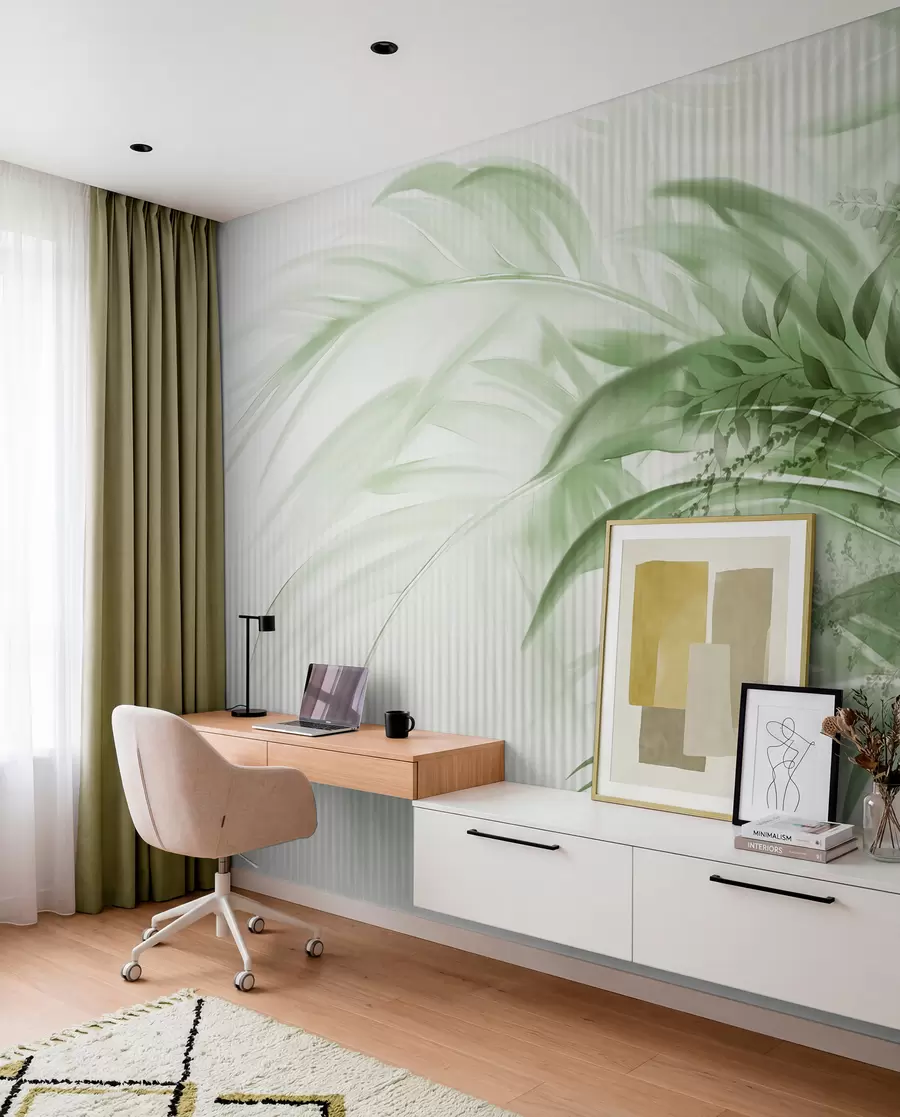 wall murals Палмино тропско зелено лишће са белом пругастом позадином, меко осветљење, нежни потези четкицом, органски облици w09343