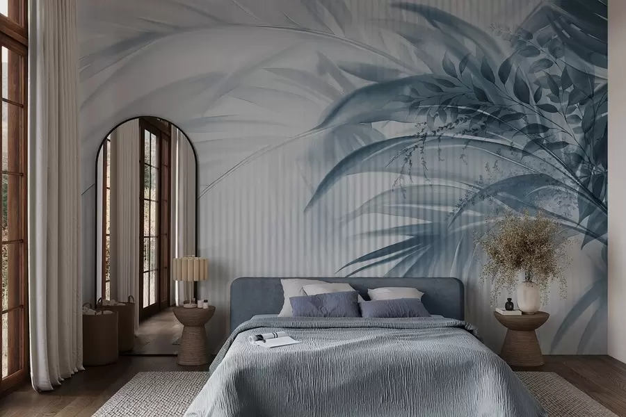 wall murals Палмино тропско плаво лишће са белом пругастом позадином, меко осветљење, нежни потези четкицом, органски облици w09343v1