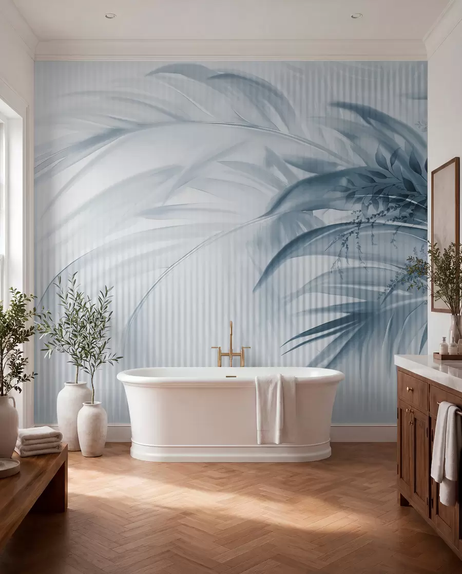 wall murals Палмино тропско плаво лишће са белом пругастом позадином, меко осветљење, нежни потези четкицом, органски облици w09343v1