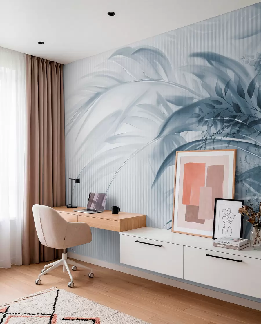 wall murals Палмино тропско плаво лишће са белом пругастом позадином, меко осветљење, нежни потези четкицом, органски облици w09343v1