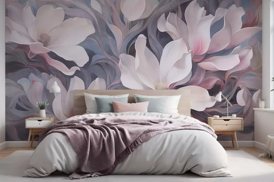 wall murals Текстурирана слика белих цветова магнолије са ружичастим акцентима, постављена на позадини вртложних, пригушених плавих и сивих тонова w09344
