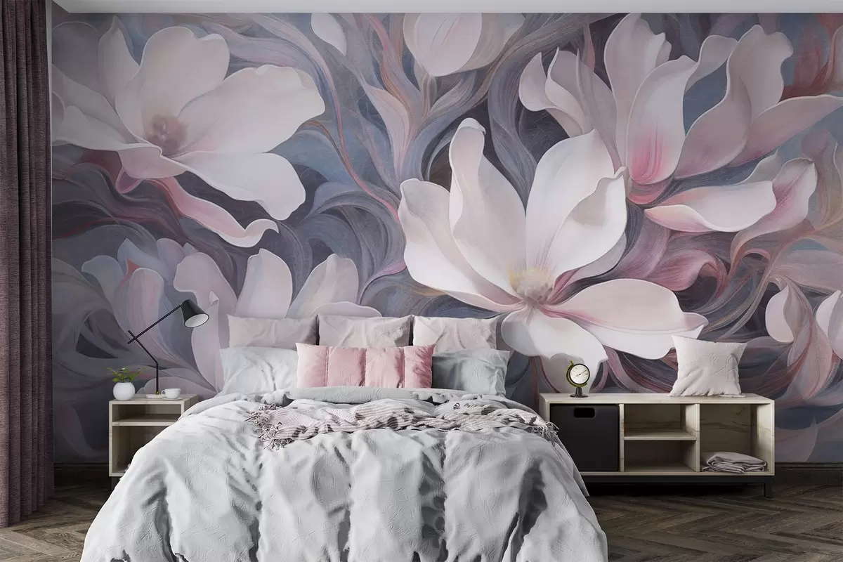 wall murals Текстурирана слика белих цветова магнолије са ружичастим акцентима, постављена на позадини вртложних, пригушених плавих и сивих тонова w09344