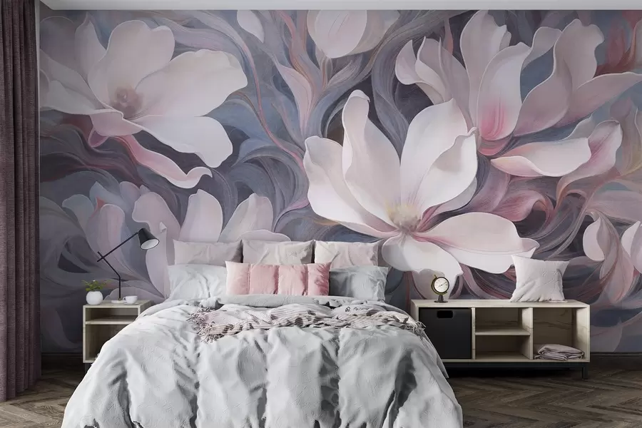 wall murals Текстурирана слика белих цветова магнолије са ружичастим акцентима, постављена на позадини вртложних, пригушених плавих и сивих тонова w09344
