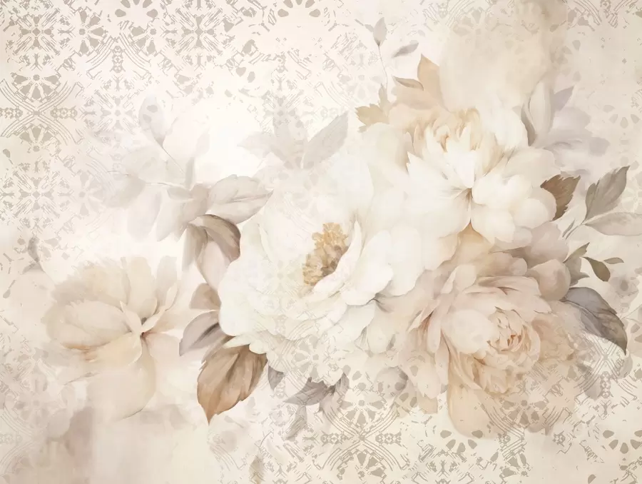 wall murals Цветни аранжман од белих божура са беж листовима, постављен на декоративној позадини са винтаге текстуром w09345