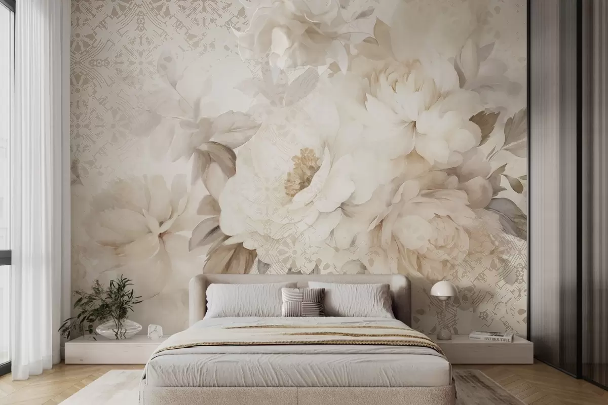 wall murals Цветни аранжман од белих божура са беж листовима, постављен на декоративној позадини са винтаге текстуром w09345