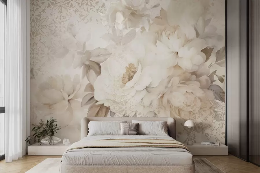 wall murals Цветни аранжман од белих божура са беж листовима, постављен на декоративној позадини са винтаге текстуром w09345