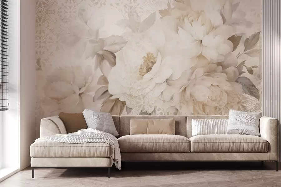 wall murals Цветни аранжман од белих божура са беж листовима, постављен на декоративној позадини са винтаге текстуром w09345