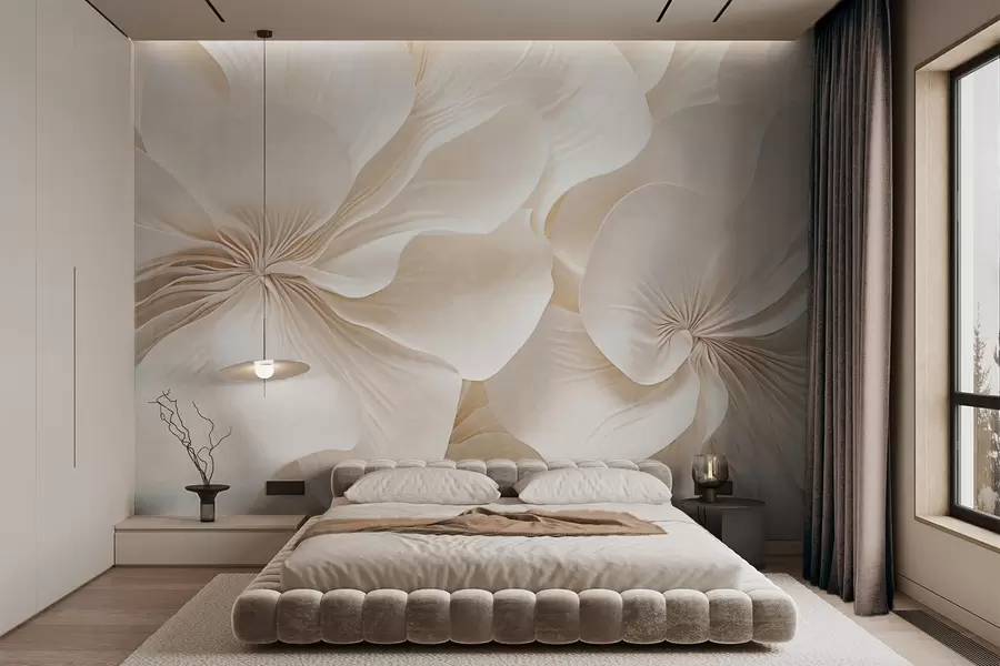 wall murals Крупни план кремасто текстурираног цвећа са нежним, лепршавим латицама, стварајући мекан, елегантан и текстуриран цветни аранжман w09346