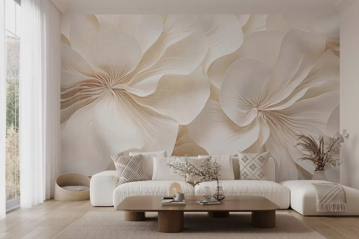 wall murals Крупни план кремасто текстурираног цвећа са нежним, лепршавим латицама, стварајући мекан, елегантан и текстуриран цветни аранжман w09346