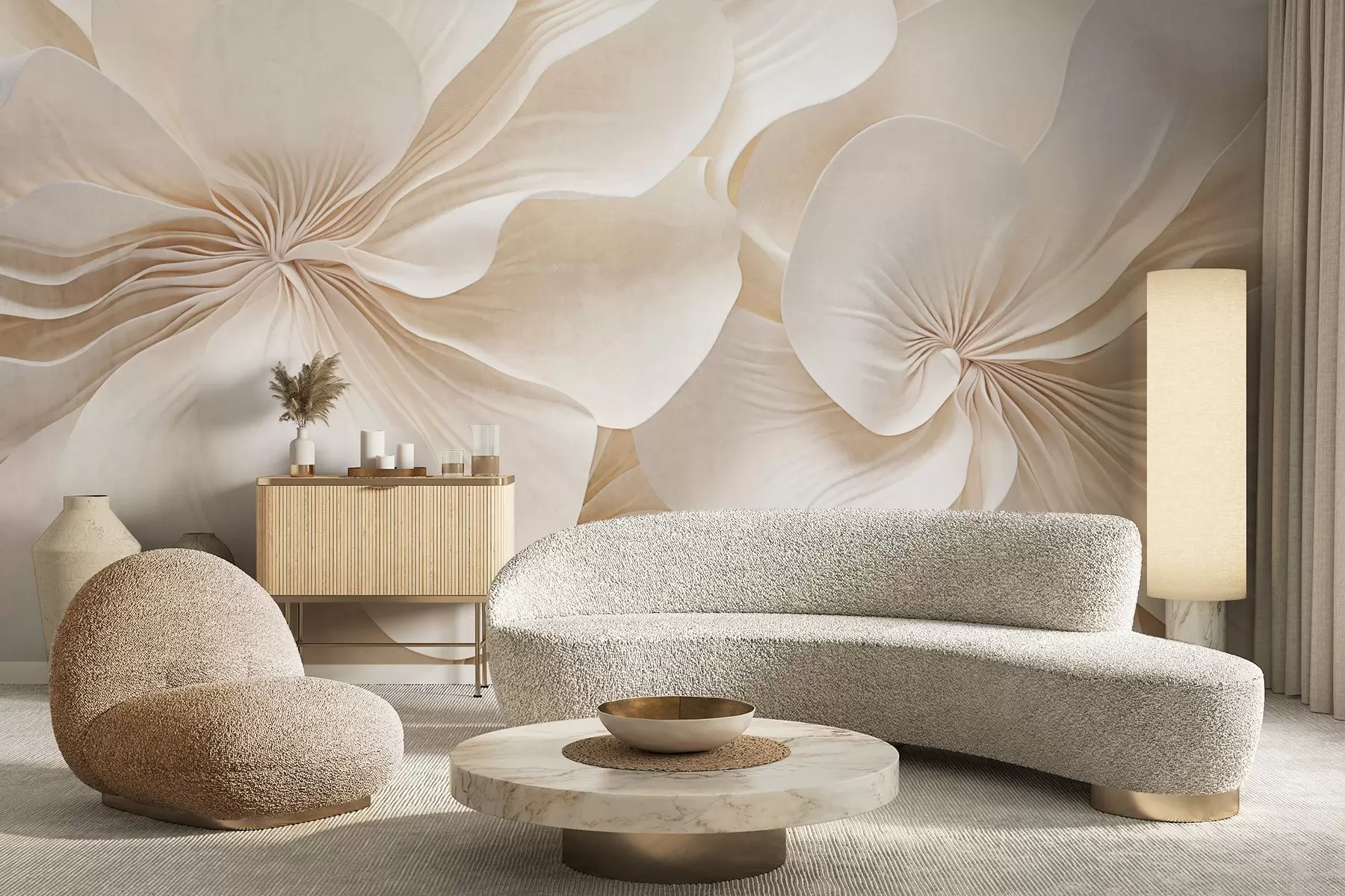 wall murals Крупни план кремасто текстурираног цвећа са нежним, лепршавим латицама, стварајући мекан, елегантан и текстуриран цветни аранжман w09346