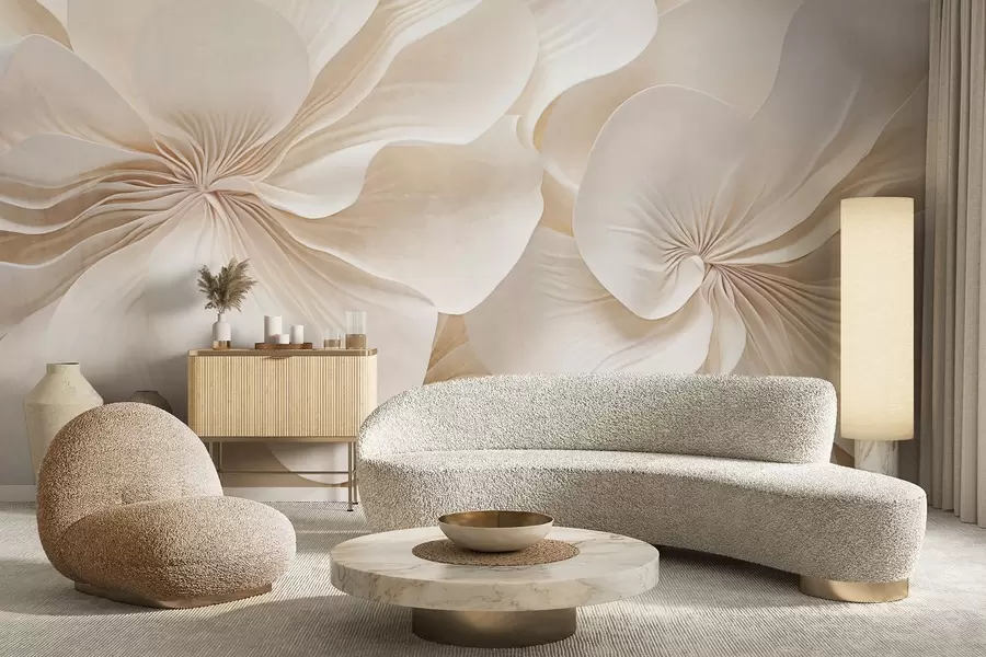 wall murals Крупни план кремасто текстурираног цвећа са нежним, лепршавим латицама, стварајући мекан, елегантан и текстуриран цветни аранжман w09346