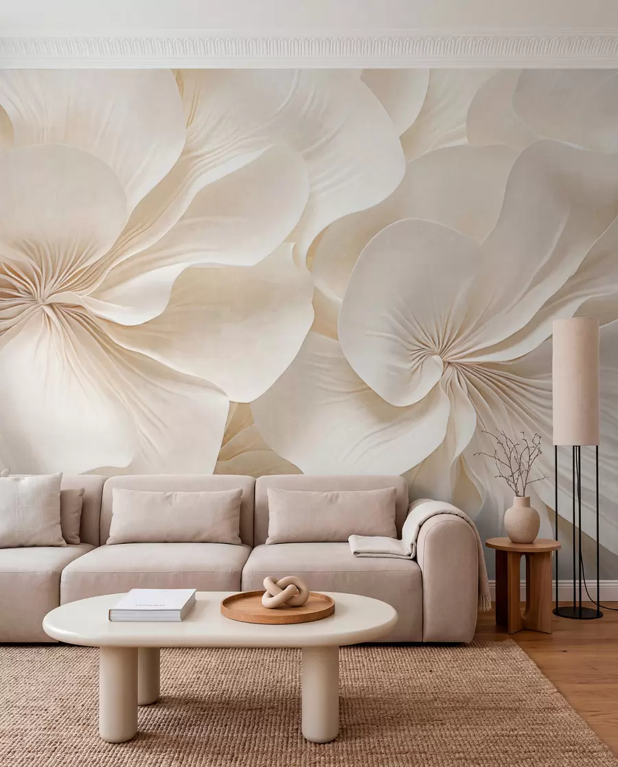 wall murals Крупни план кремасто текстурираног цвећа са нежним, лепршавим латицама, стварајући мекан, елегантан и текстуриран цветни аранжман w09346