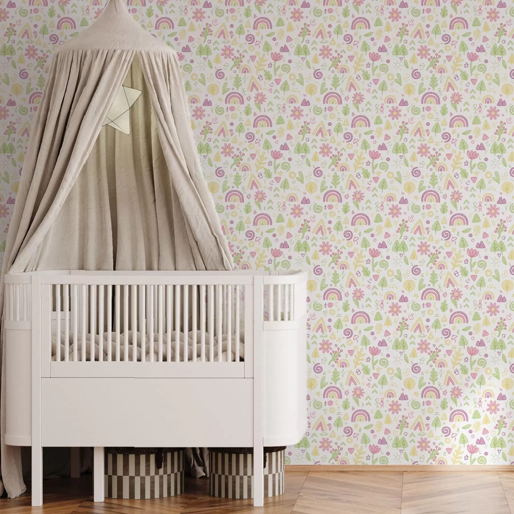 wall murals Дечји цртеж са дугама, цвећем и дрвећем a00296