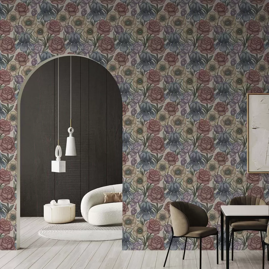 wall murals Велике цветне илустрације са ирисима и божурима a00325