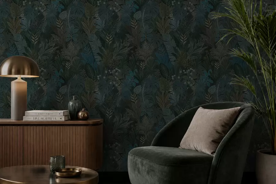 wall murals Тамнозелено тропско лишће са плавим акцентима a00327