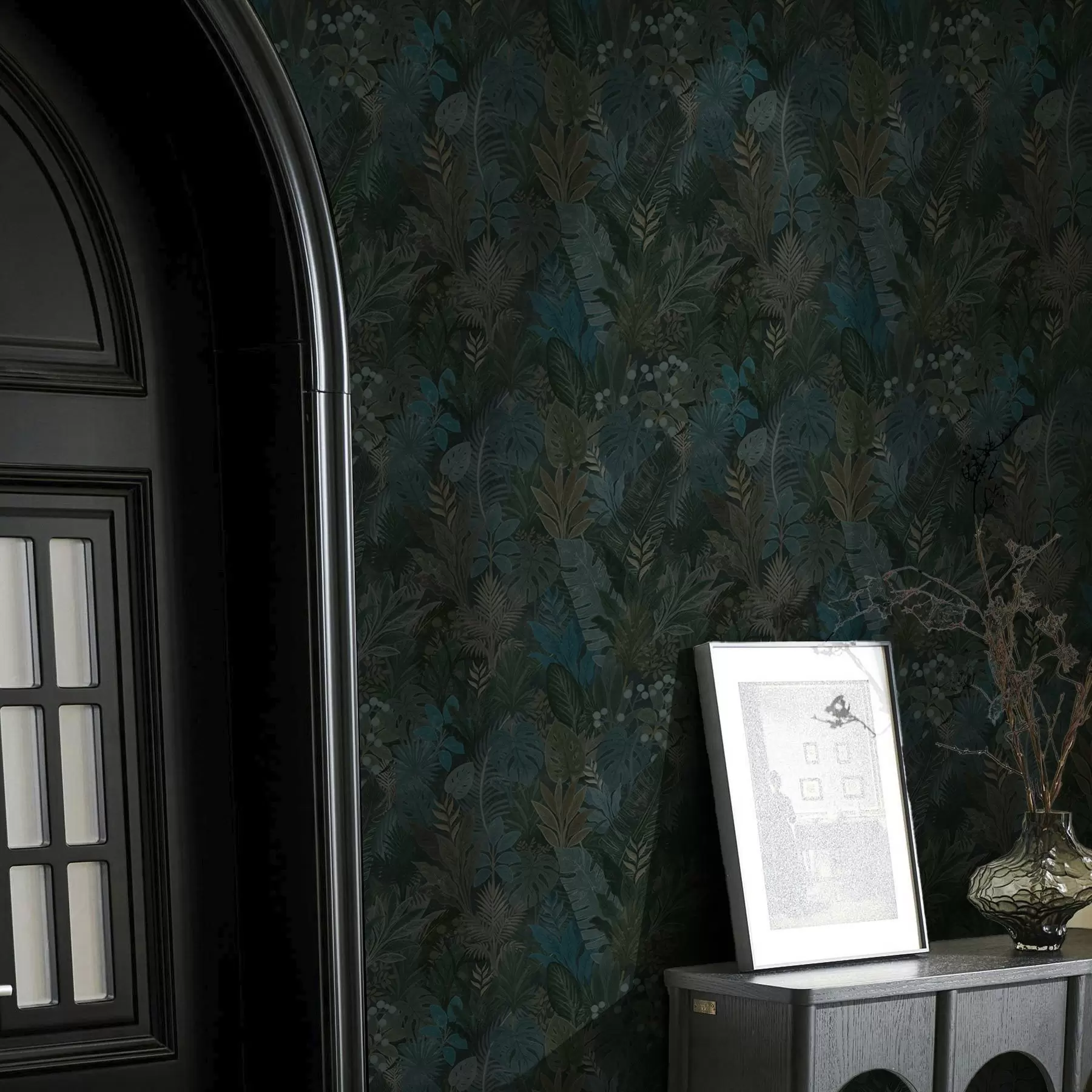 wall murals Тамнозелено тропско лишће са плавим акцентима a00327