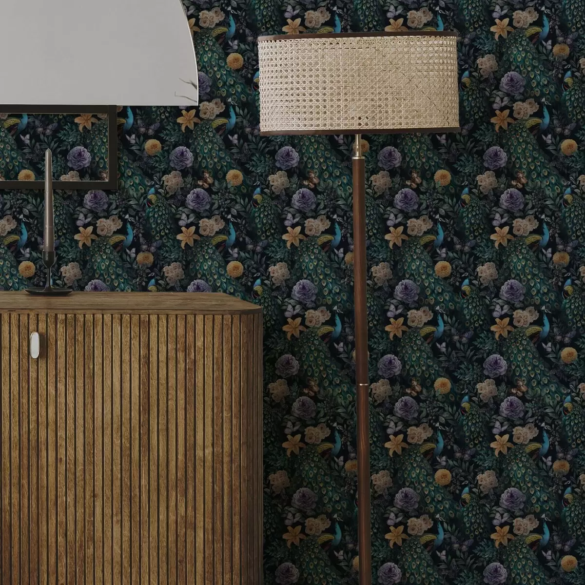 Позадина Паунови међу тамним цвећем и лептирима a00348