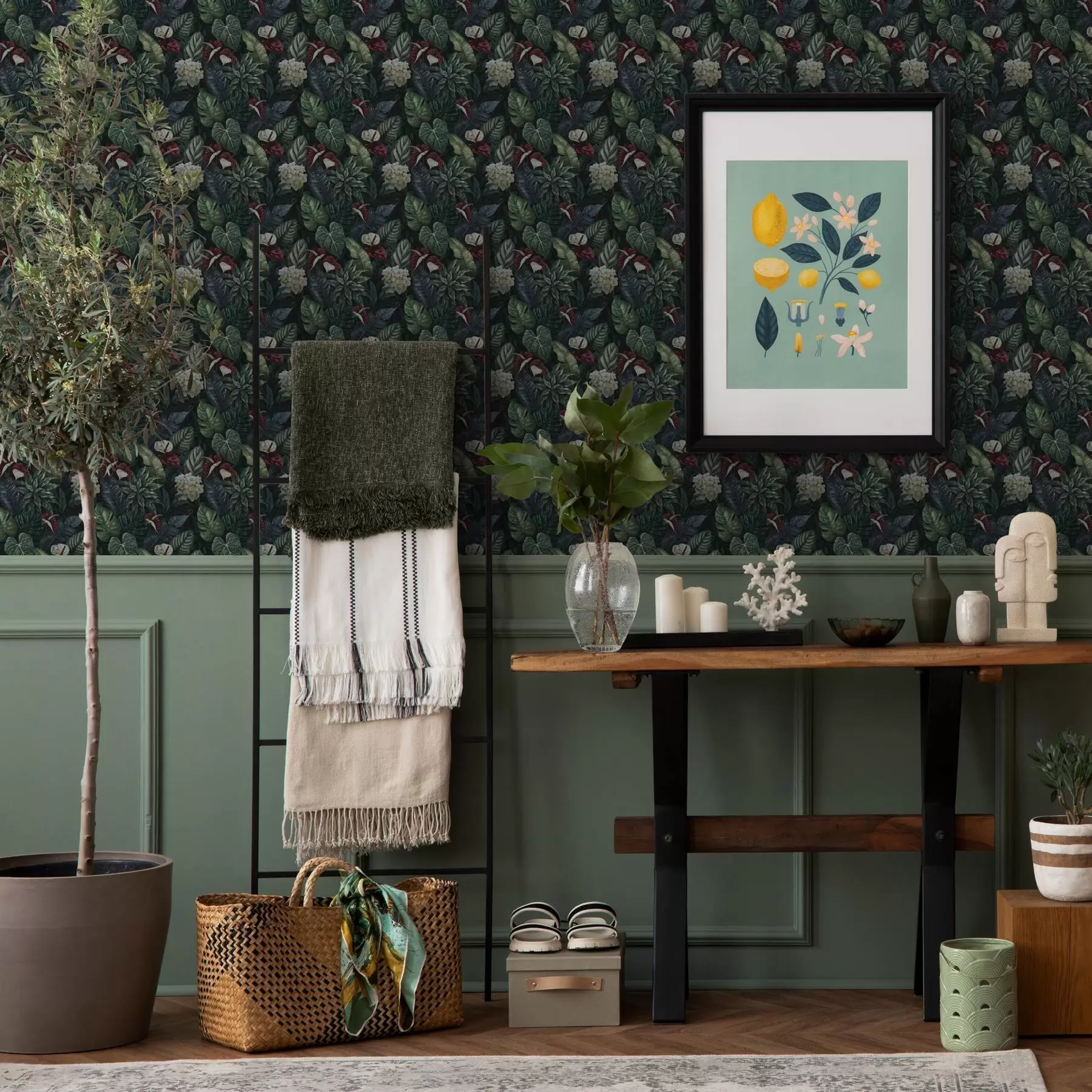 wall murals Тропско лишће са белим и црвеним цветовима a00361