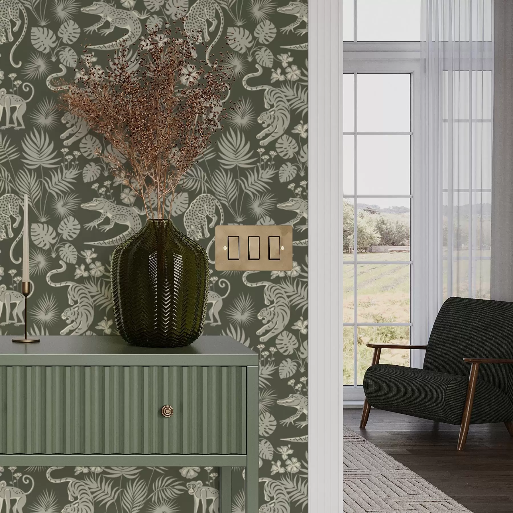 wall murals Силуете дивљих животиња међу тропским лишћем a00404