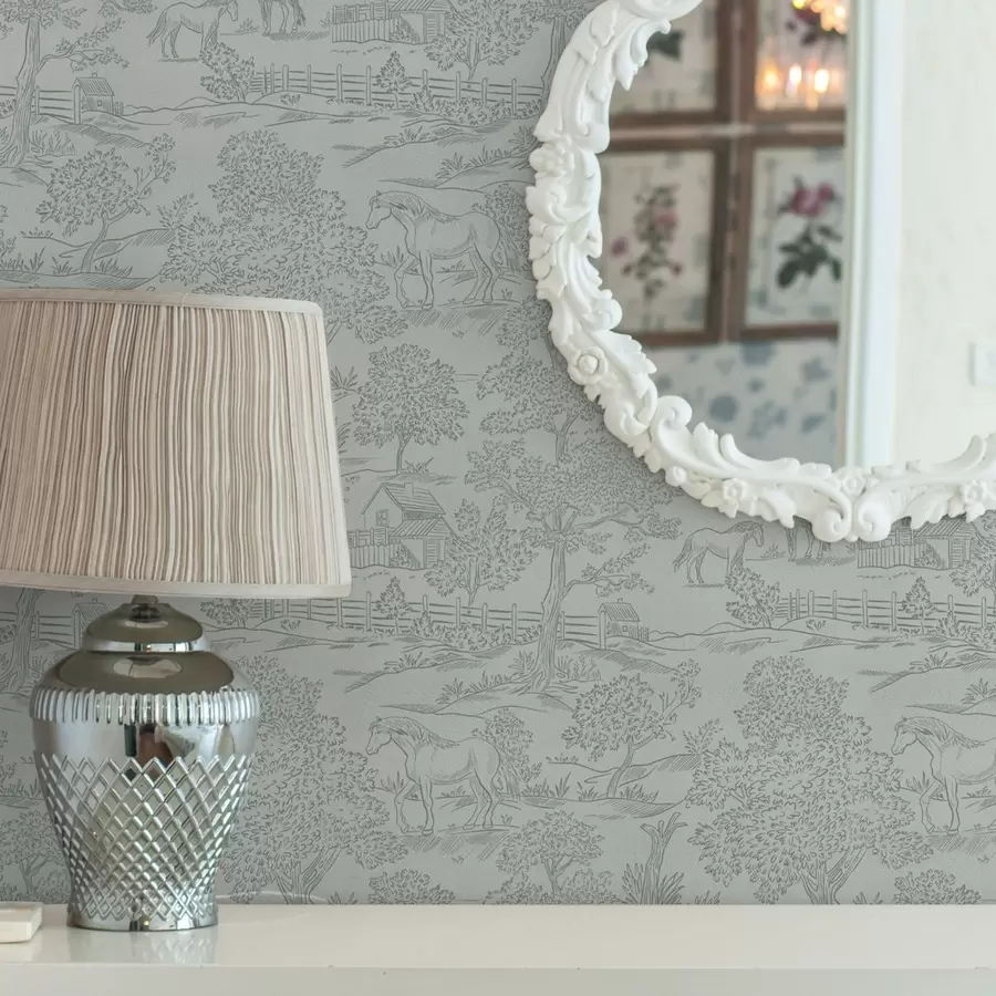 wall murals Зелени монохроматски пејзаж са коњима и колибама a00407