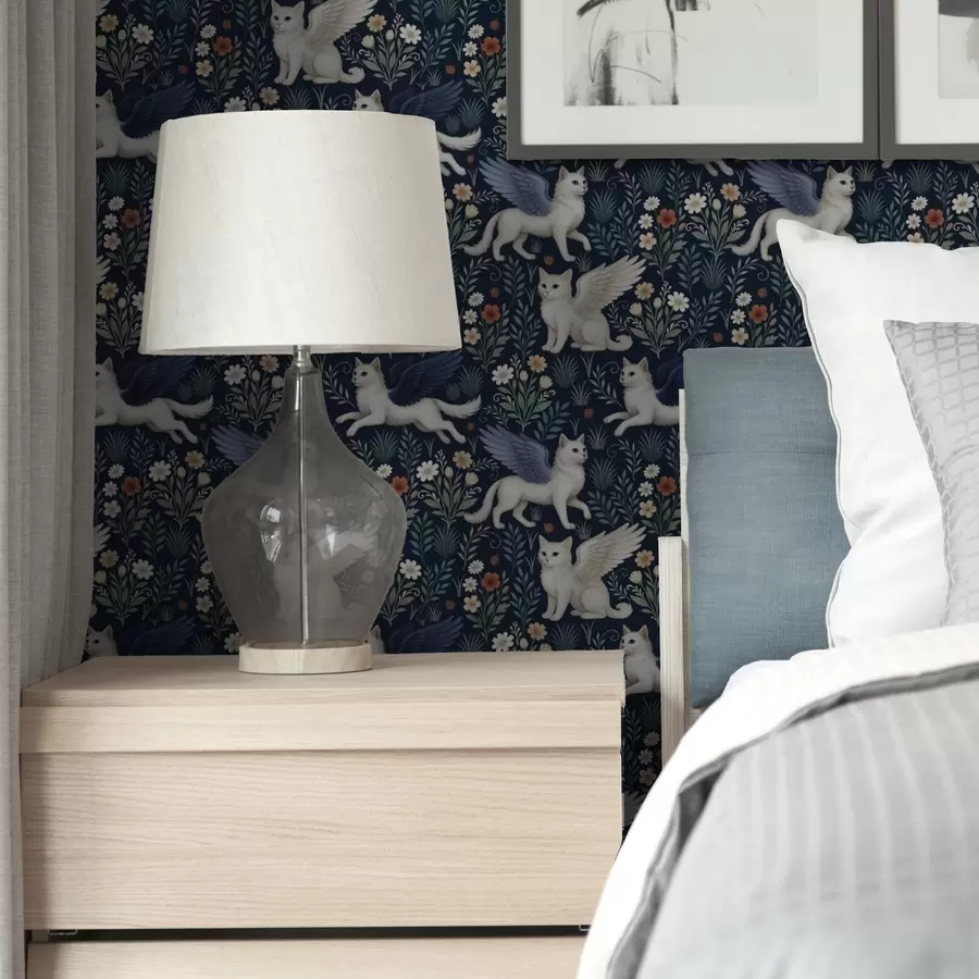 wall murals Фантазијске мачке са крилима међу цвећем a00408