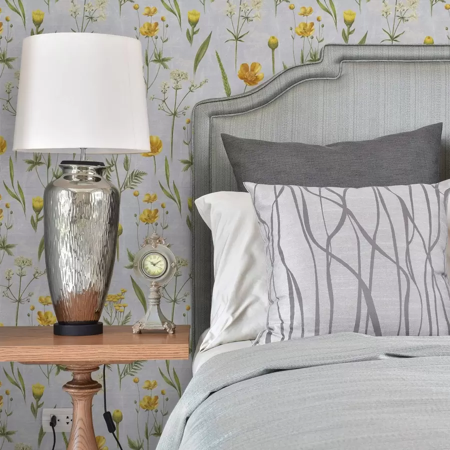 wall murals Жуто цвеће и зеленило на светло сивој позадини a00472