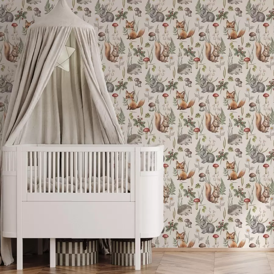 wall murals Шумске животиње, печурке и биљке у бајковитом стилу a00477