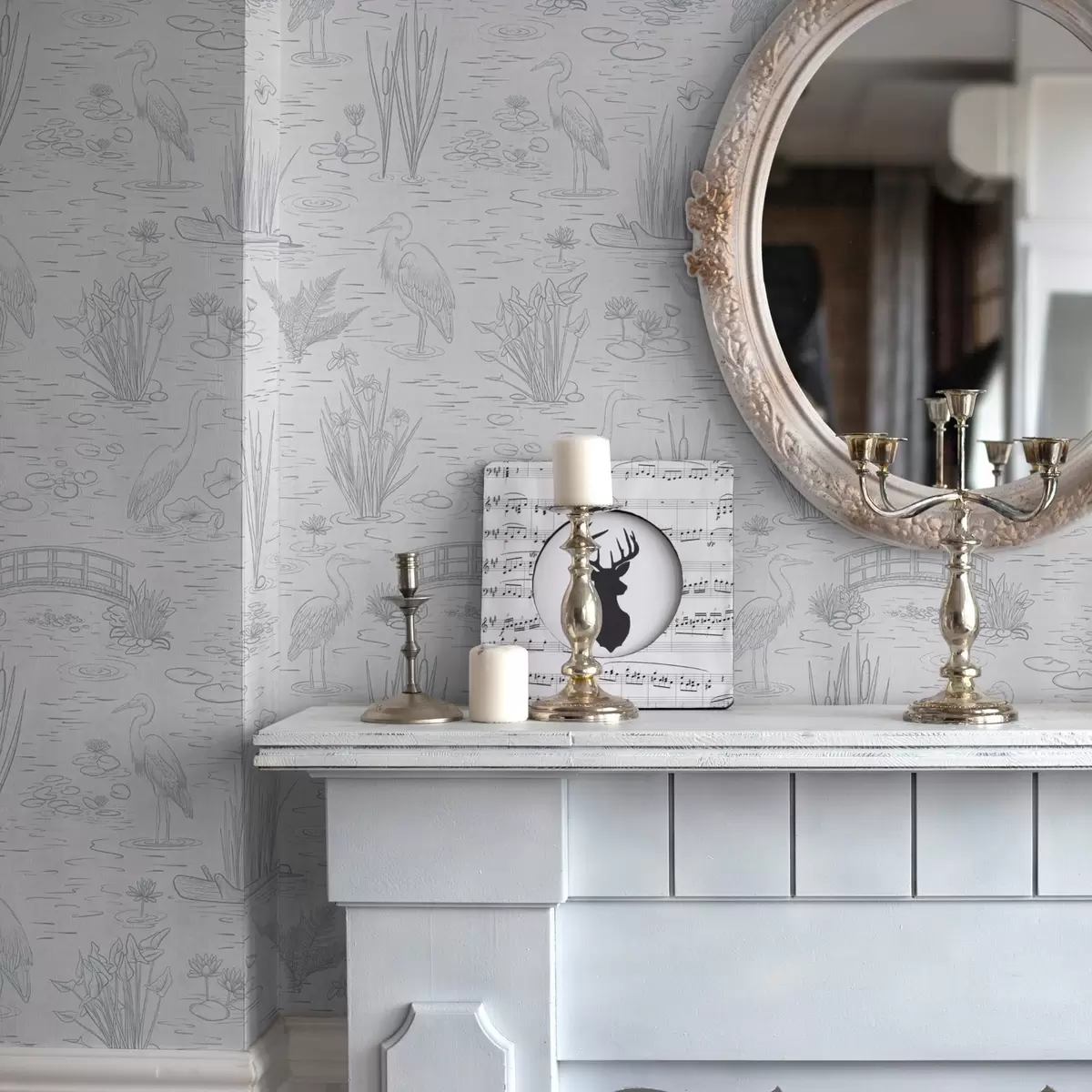 Позадина Цртање чапљи и водених биљака у мирним сивим нијансама a00479