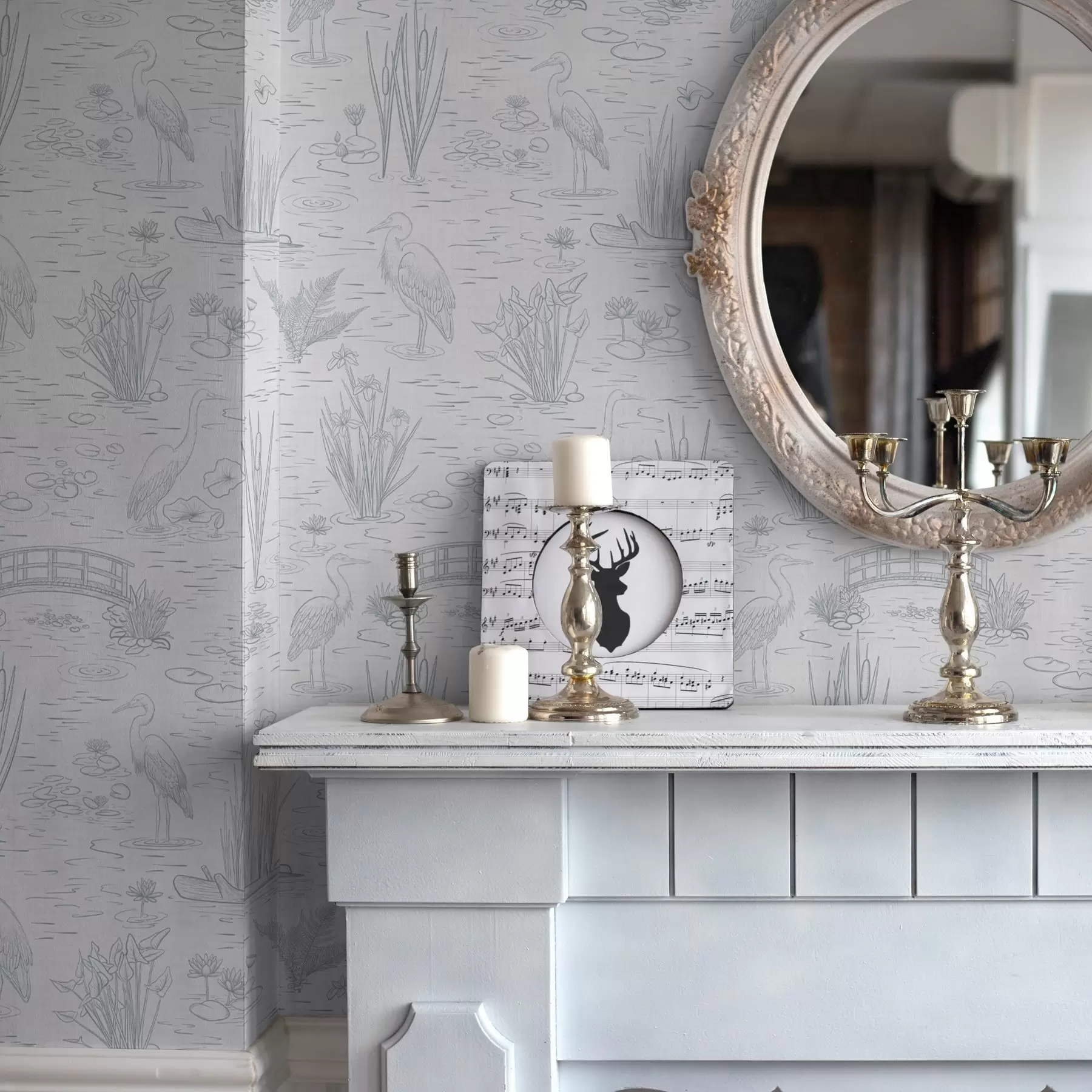 wall murals Цртање чапљи и водених биљака у мирним сивим нијансама a00479