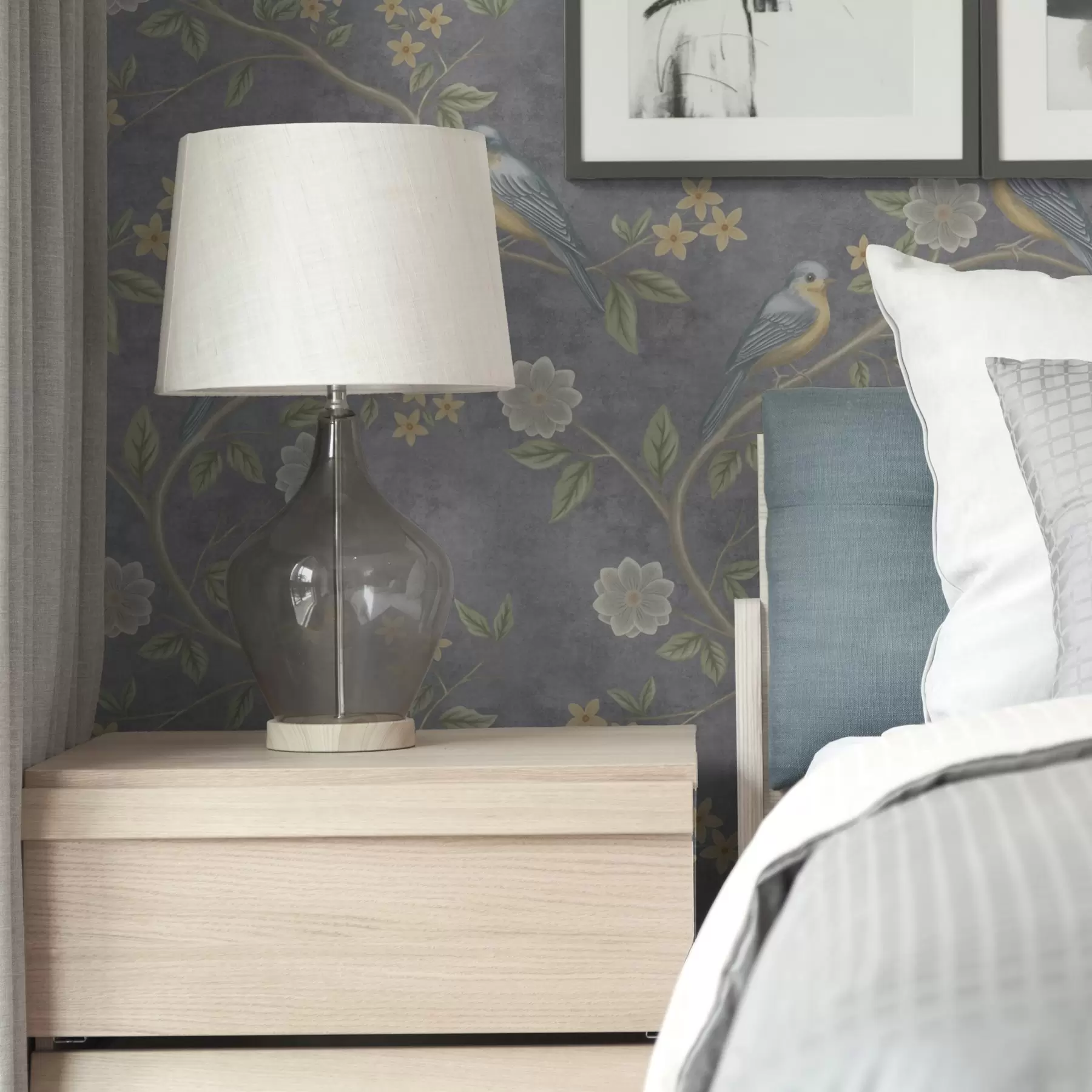 wall murals Птице на гранама међу цвећем на сивој позадини a00483