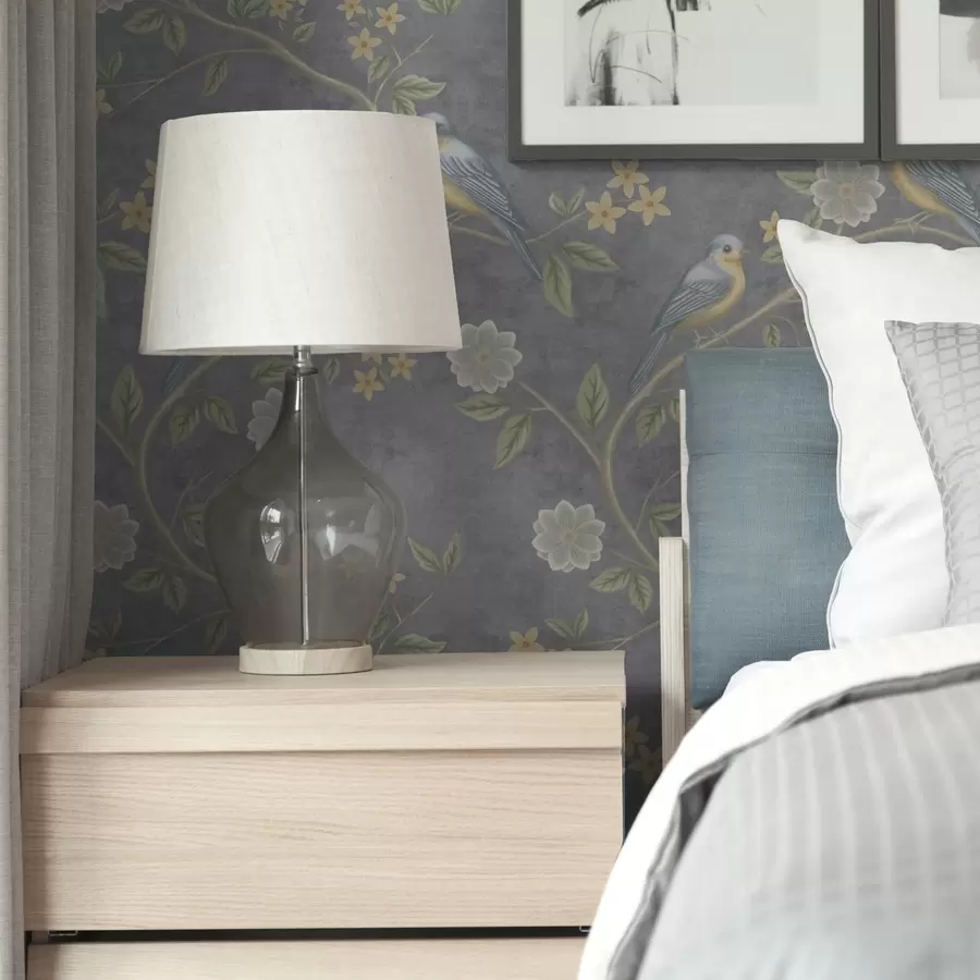 wall murals Птице на гранама међу цвећем на сивој позадини a00483