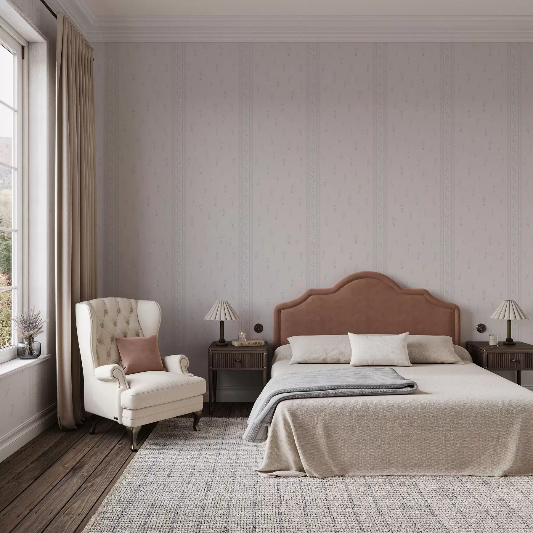 wall murals Ружичаста позадина са нежним плавим цвећем и обрубом a00484