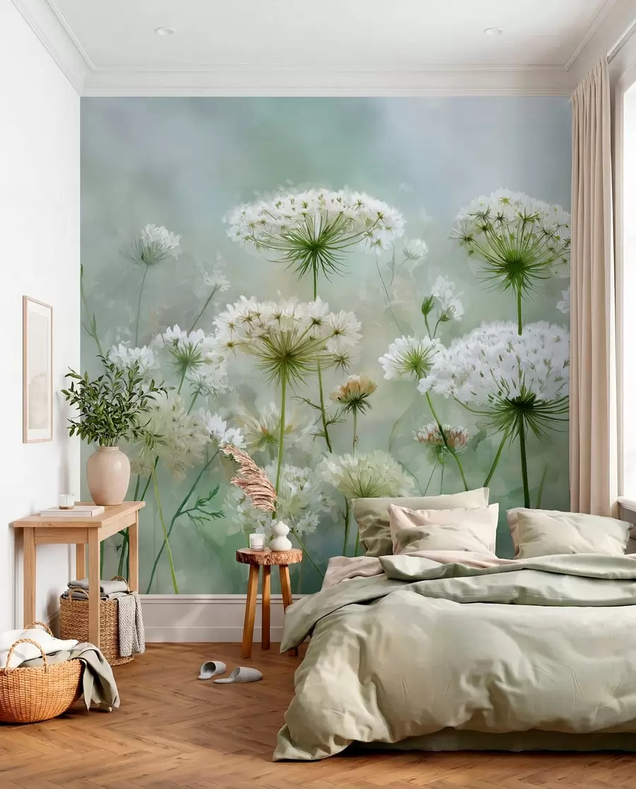 wall murals Нежно бело дивље цвеће краљице Ане, у сликовитом стилу, зелени тонови w04313